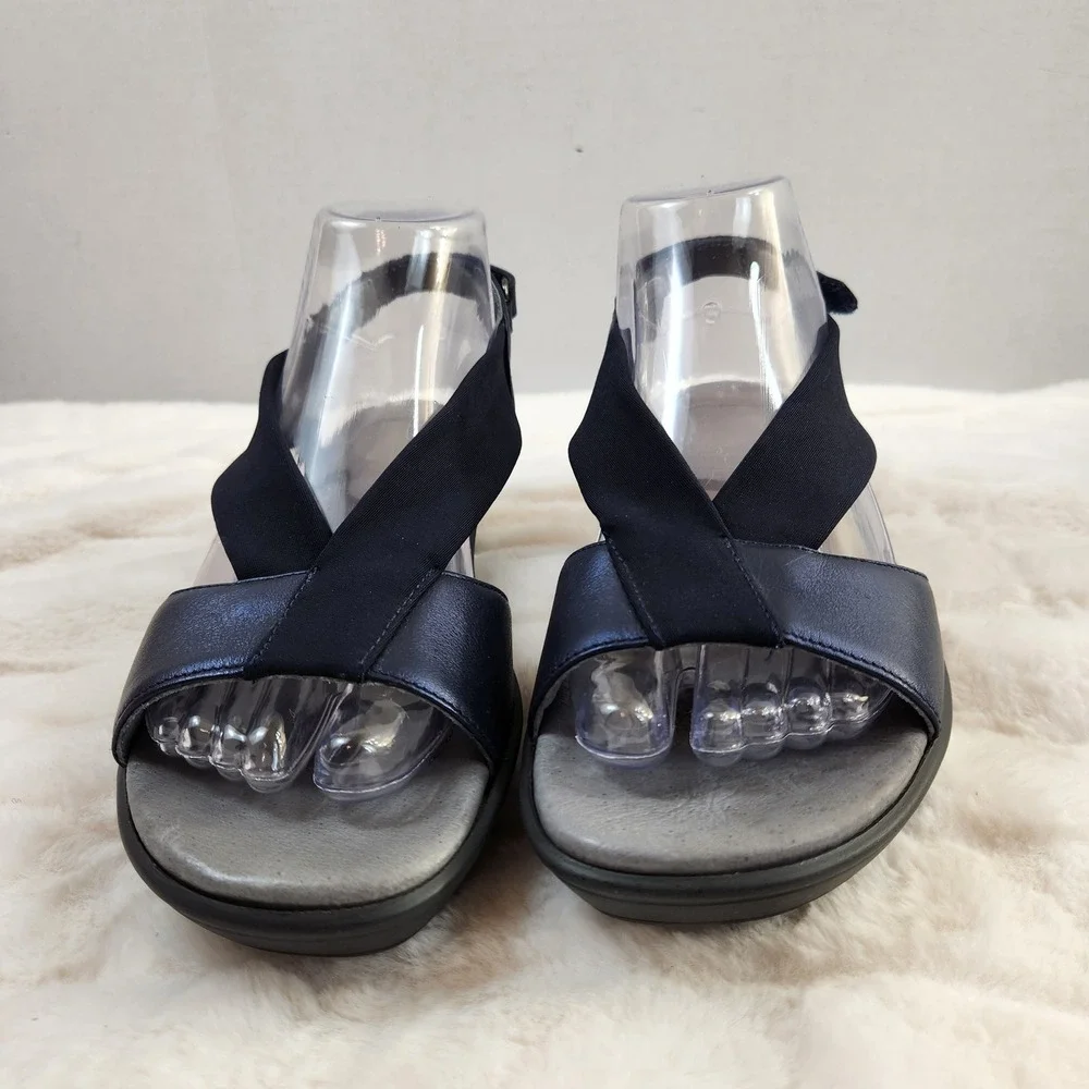 Naot Muscat Metallic Navy Leather Wedge Sandals Womens 39 Elastic‎ Straps 8-8.5